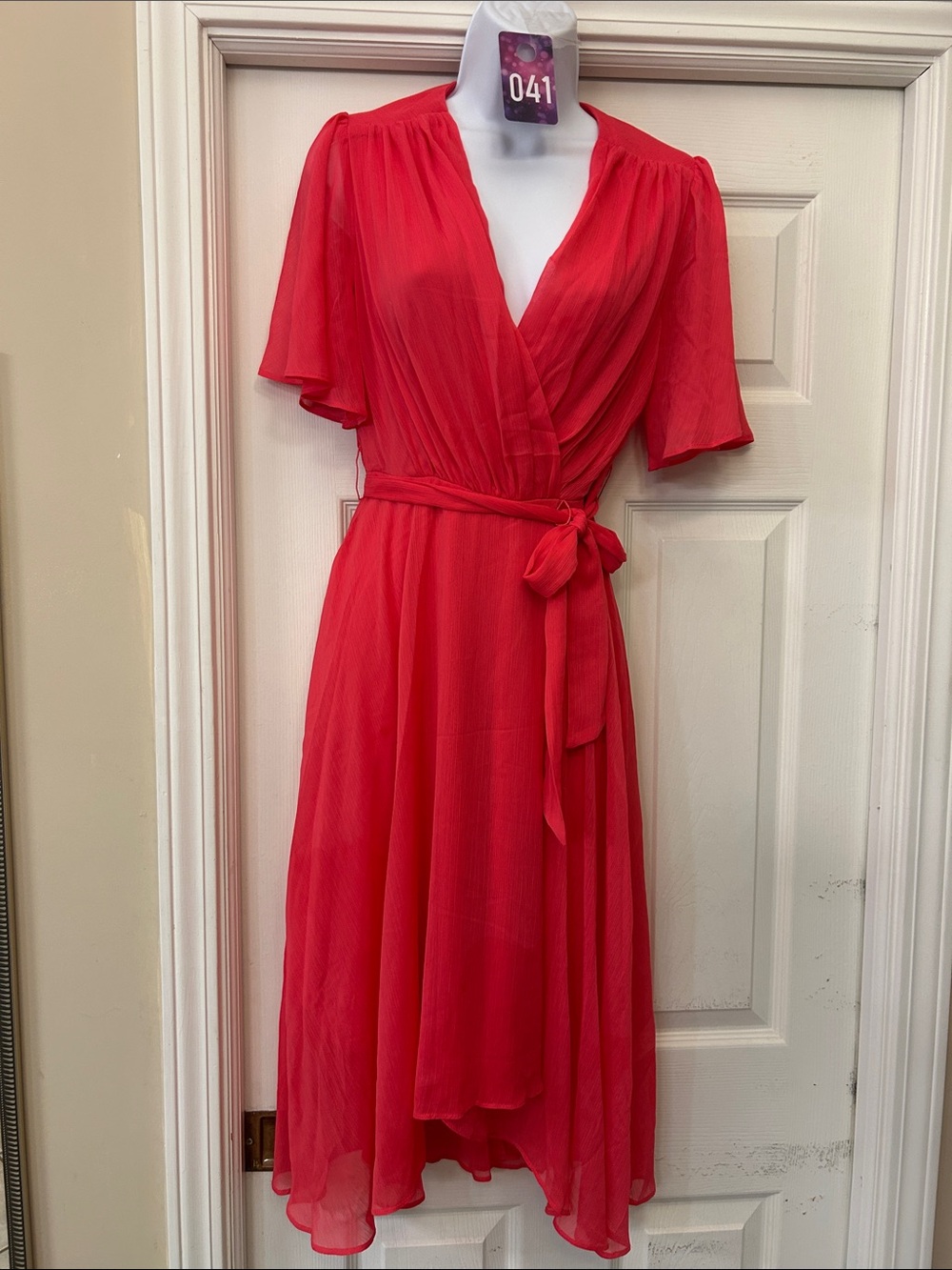 DKNY Vibrant Red Wrap Midi Dress with Tie Waist